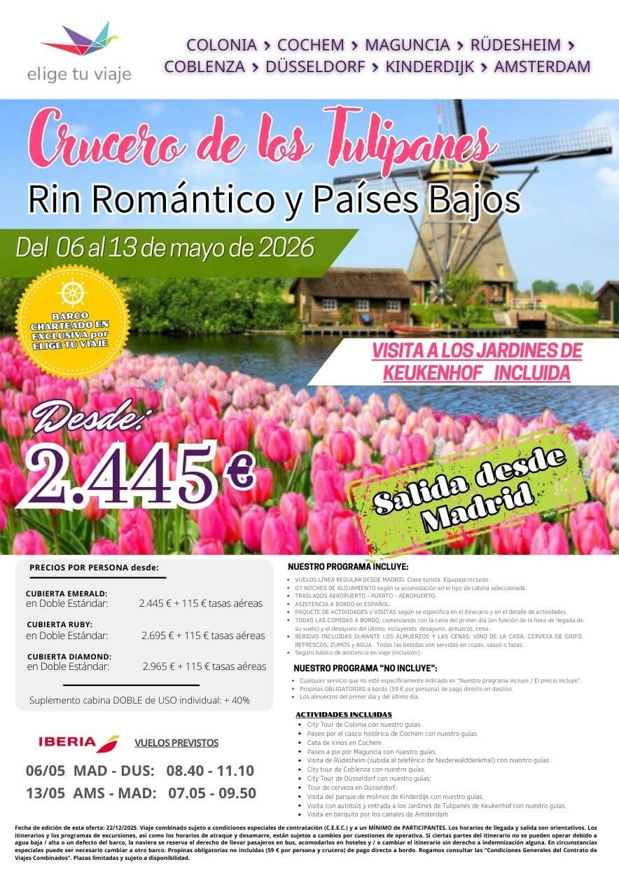 CRUCERO POR EL DANUBIO, 10-17 de mayo 2025, salida ESPECIAL desde MADRID; incluye vuelos, traslados in/out, 7 noches de crucero en cabina y categoría seleccionadas, asistencia del equipo de ELIGE TU VIAJE de habla española a bordo, pensión completa a bordo, bebidas detalladas y visitas según itinerario, para Agencias de Viajes, con Elige tu Viaje.